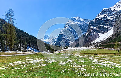 Spring mountain landscape with patches of melting snow, Austria, Tyrol, Karwendel Alpine Park Stock Photo