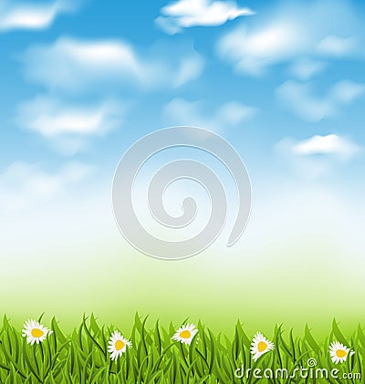 Spring natural background with blue sky, clouds, grass field and Vector Illustration