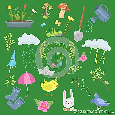 Spring natural floral symbols with blossom gardening tools beauty design and nature grass season branch springtime hand Vector Illustration