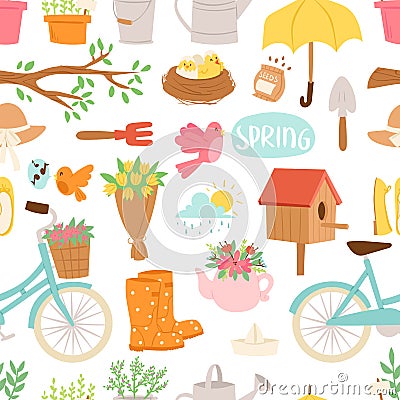 Spring natural floral symbols with blossom gardening tools seamless pattern background Vector Illustration