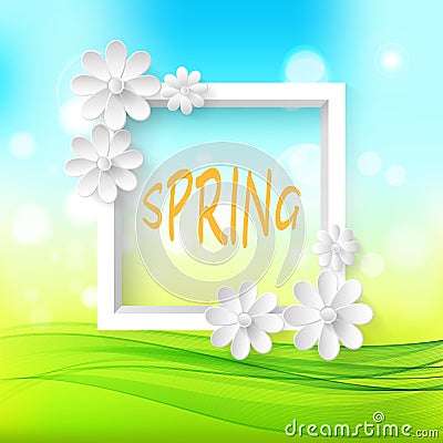 Spring natural Sunny background with white frame and white delicate paper flowers. Vector Illustration
