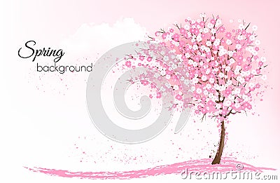 Spring nature background with a pink blooming sakura tree. Vector Illustration
