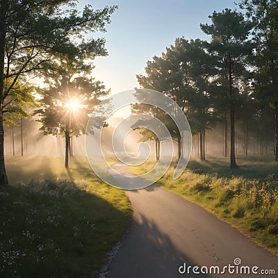 Spring nature background with sun beam green landscape with sunshine Sunny forest early in the morning made with Stock Photo