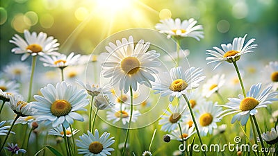 Spring nature daisies flowers banner or header with blurred space for a title Stock Photo