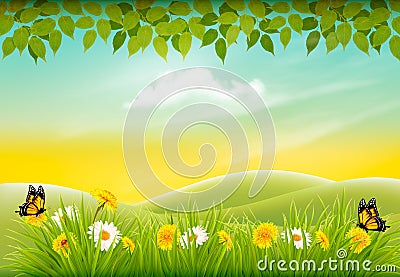 Spring nature landscape background with flowers and butterflies. Vector Illustration