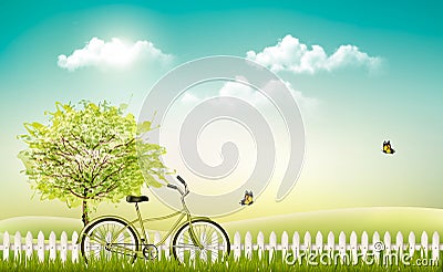 Spring nature meadow landscape with a bicycle Vector Illustration