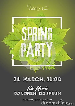 Spring night club party flyer invitation illustration. Poster template. Black and green background Cartoon Illustration