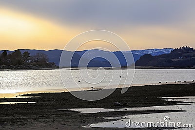 Spring in Norway, sunset at Trondheim fjord and river Gaula Stock Photo