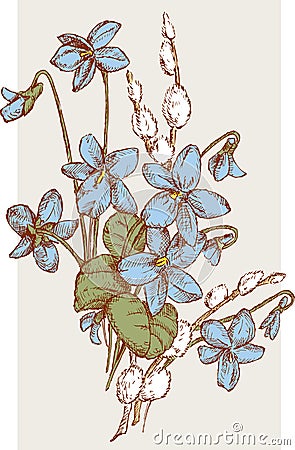 Spring nosegay of the violets and willow twigs Vector Illustration