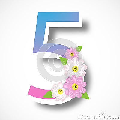 Spring number five with colorful flower ,vector illustration template, banners, Wallpaper, vintage. Vector Illustration