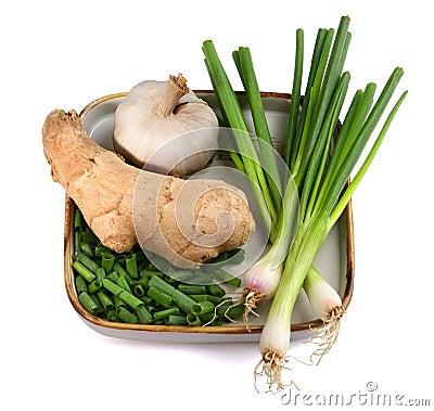 Spring onion, garlic with ginger Stock Photo