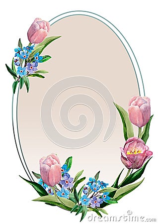 Spring oval frame. Decoration of bouquets of pink tulips and blue forget-me-nots. Blooming spring flowers. Cartoon Illustration