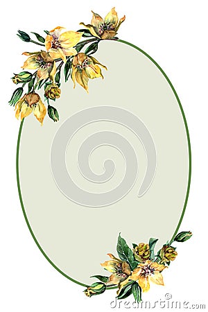 Spring oval frame. Decoration of bouquets with yellow jasmine flowers. Flowering branches with buds, green leaves. Cartoon Illustration