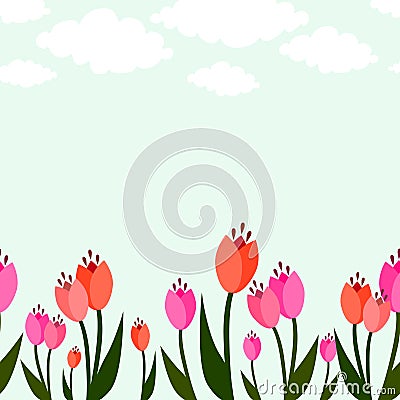 Spring seamless floral background border with tulips and clouds Stock Photo