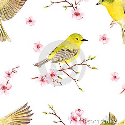 Spring pattern with birds and green young branches. Fresh background. Vector Illustration