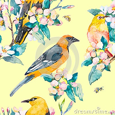 Spring pattern. Flowering branch. Oriole and White-eye bird watercolor pattern. Bees,wasp. Watercolor. Vector. Vector Illustration
