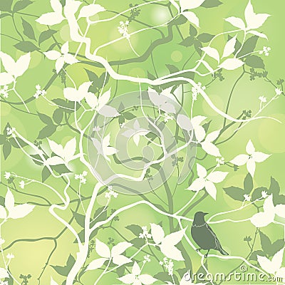 Spring pattern with trees and bird. Floral Garden Background Cartoon Illustration