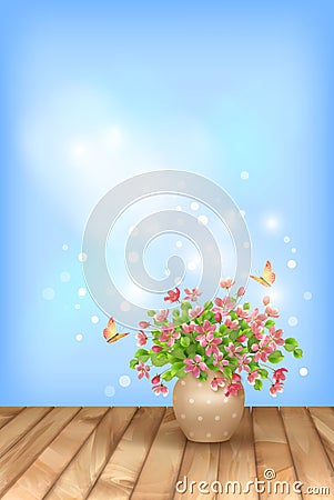 Spring pink flowers butterfly on sky background Vector Illustration