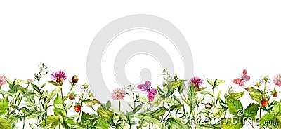 Spring pink flowers, summer wild grass, field herbs, butterflies. Seamless floral border. Watercolor repeated frame Stock Photo