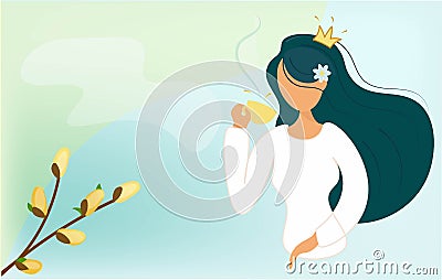 Gentle Asian girl, princess drinks coffee. Vector Illustration