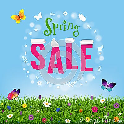 Spring Poster Grass And Flowers Vector Illustration