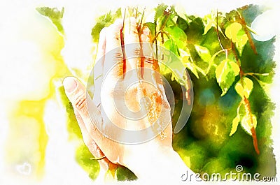 Spring prayer, adoring the healing powers of the spring, Tree in hands. Computer painting effect. Stock Photo