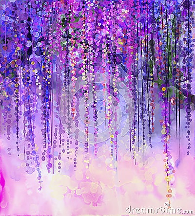 Spring purple flowers Wisteria.Watercolor painting Stock Photo
