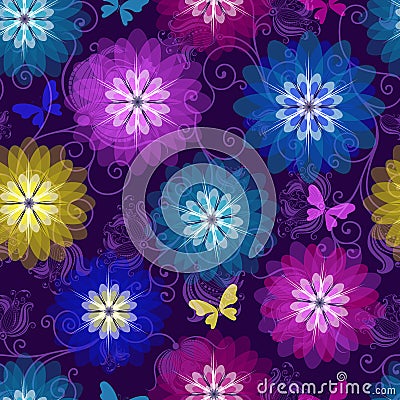 Spring purple seamless pattern with bright translucent flowers and butterflies Stock Photo