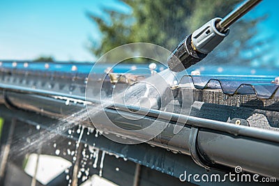 Rain Gutters Pressure Cleaning Stock Photo