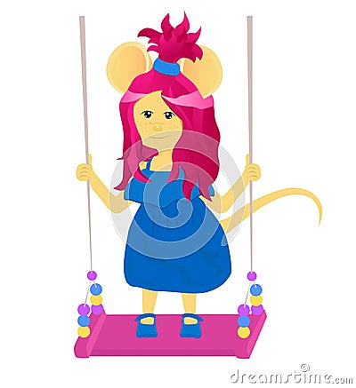 Cartoon rat riding a swing. Year of the rat. Chinese horoscope. Beauty mouse. Vector Illustration