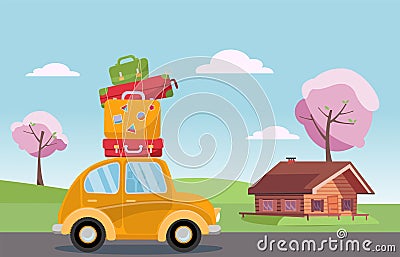 Spring road trip on small retro yellow car with colorful suitcases on the roof. Spring landscape with blooming trees and a wooden Cartoon Illustration