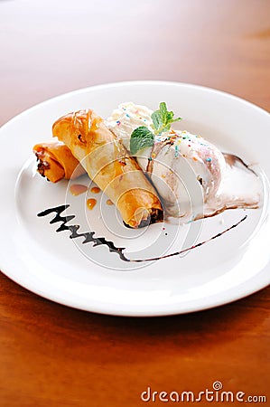 Spring roll with vanilla ice cream Stock Photo