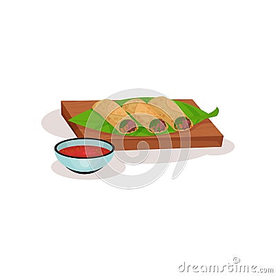 Spring rolls with meat and vegetables on wooden board, bowl of sauce. Delicious food. Tasty Asian snack. Flat vector Vector Illustration