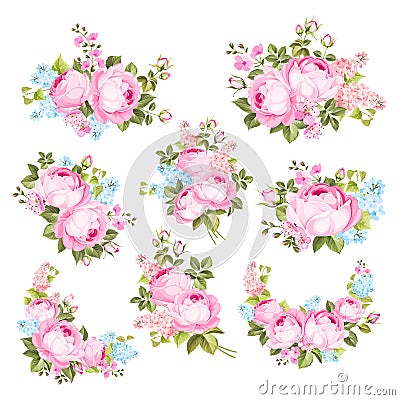 Spring rose and lilac flowers bouquet of color bud garland. Label with rose and lilac flowers. Hand drawn nature Vector Illustration