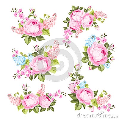 Spring rose and lilac flowers bouquet of color bud garland. Label with rose and lilac flowers. Hand drawn nature Vector Illustration