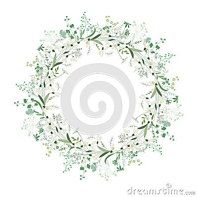 Spring round frame with contour flowers snowdrops Vector Illustration