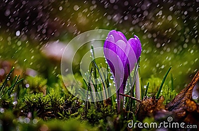 Spring's Delicate Whisper: Purple Crocus Blooming Amid Raindrops and Moss AI Generated Stock Photo