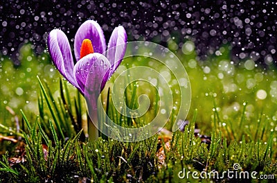 Spring's Delicate Whisper: Purple Crocus Blooming Amid Raindrops and Moss AI Generated Stock Photo