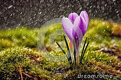 Spring's Delicate Whisper: Purple Crocus Blooming Amid Raindrops and Moss AI Generated Stock Photo