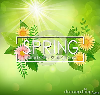 Spring sale background banner with beautiful colorful flower and green leaves Vector Illustration