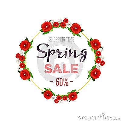 Spring sale background banner with colorful flowers. 60 percent Off. Vector illustration. Vector Illustration