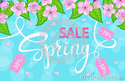 Spring sale background with with cherry blossoms flowers, fresh green leaves Vector Illustration