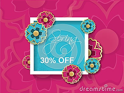 Spring sale background with colorful flower. Pink blue layout template. Card, banner, flyer, poster, brochure or voucher discount Vector Illustration