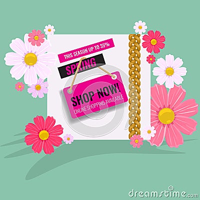 Spring sale background with flowers. Season discount banner design with cherry blossoms and petals Cartoon Illustration