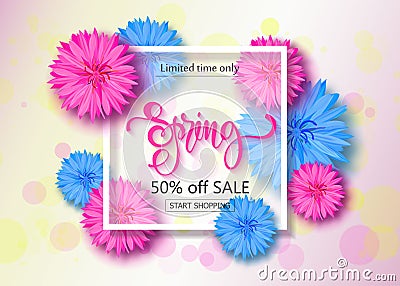 Spring sale background with flowers. Season discount banner. Vector illustration ,template. Wallpaper, flyers Vector Illustration