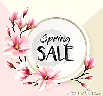 Spring sale background with pink blooming magnolia Vector Illustration