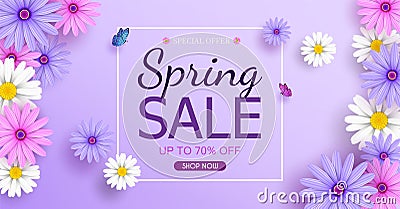 Spring Sale Banner background with beautiful colorful flowers are blooming Vector Illustration