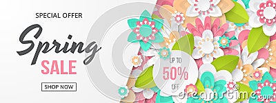 Spring sale banner with beautiful colorful flower. Vector Illustration