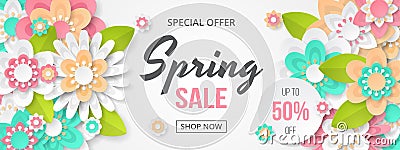 Spring sale banner with beautiful colorful flower. Vector Illustration