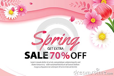 Spring sale banner with blooming flowers background template. Design for advertising, flyers, posters, brochure, invitation, Vector Illustration